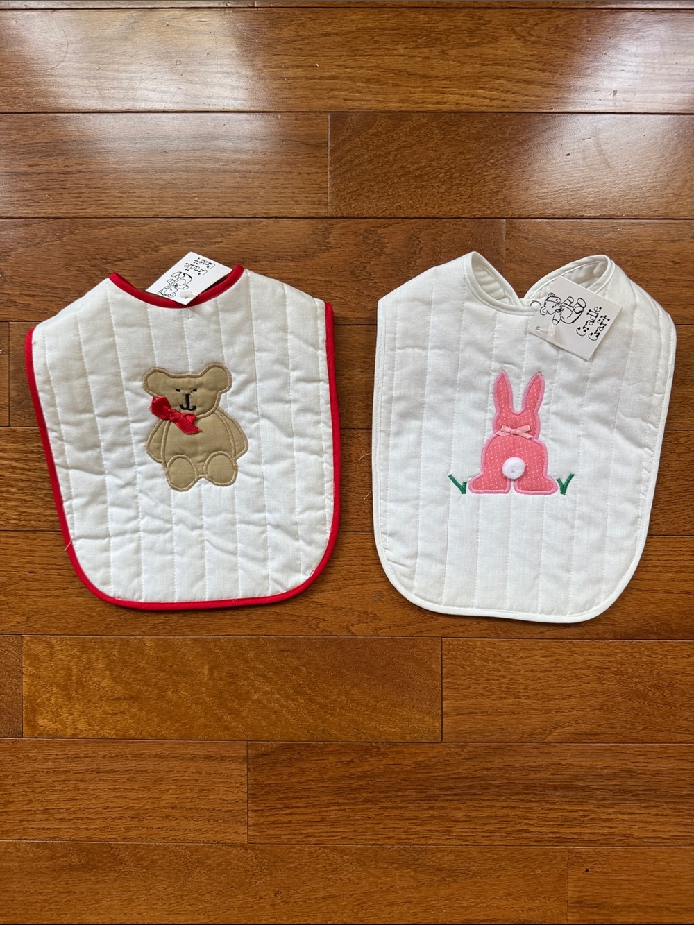 White Quilted Baby Bibs with Teddy and Bunny Appliqués